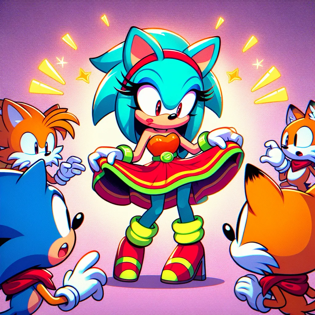 Description: Amy Rose, dressed in a vibrant retro outfit, stands in the midst of Green Hill Zone with her orange skirt mysteriously vanished. She appears flustered while her friends, Sonic, Tails, and Knuckles, react with a mix of surprise and amusement. Amy is then draped with a red cape and adorned with neon duct tape, turning the wardrobe malfunction into a hilarious fashion statement.