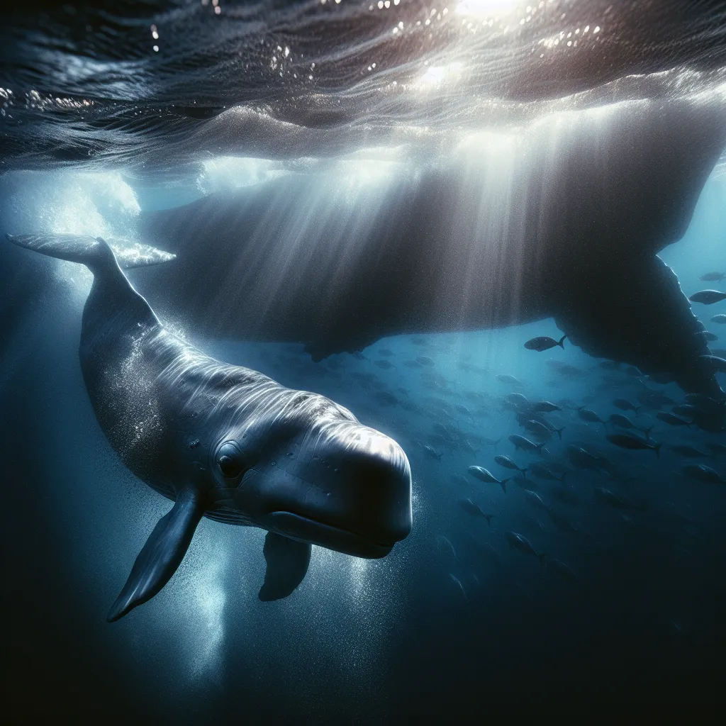 A newborn female sperm whale calf emerges from the dark expanse of the birth canal, greeted by the vibrant world of the ocean. Cold saltwater rushes over her sleek gray skin as she navigates the depths, guided by her colossal and protective mother. Sunlight filters through the water, casting blurry silhouettes and creating a symphony of sounds - the calls of other whales, the chattering of fish, and the gentle rush of currents. Taking her first breaths through her blowhole, the calf is filled wi