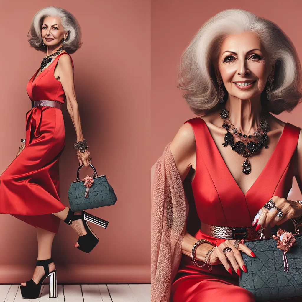 A stylish and confident older woman named Eleanor, adorned in an elegant red dress and high-end jewelry, stands tall in her platform sandals while clutching a designer purse. With a smile on her face, she exudes sophistication and grace, embracing her newfound identity and cherishing the experiences of a well-lived life.