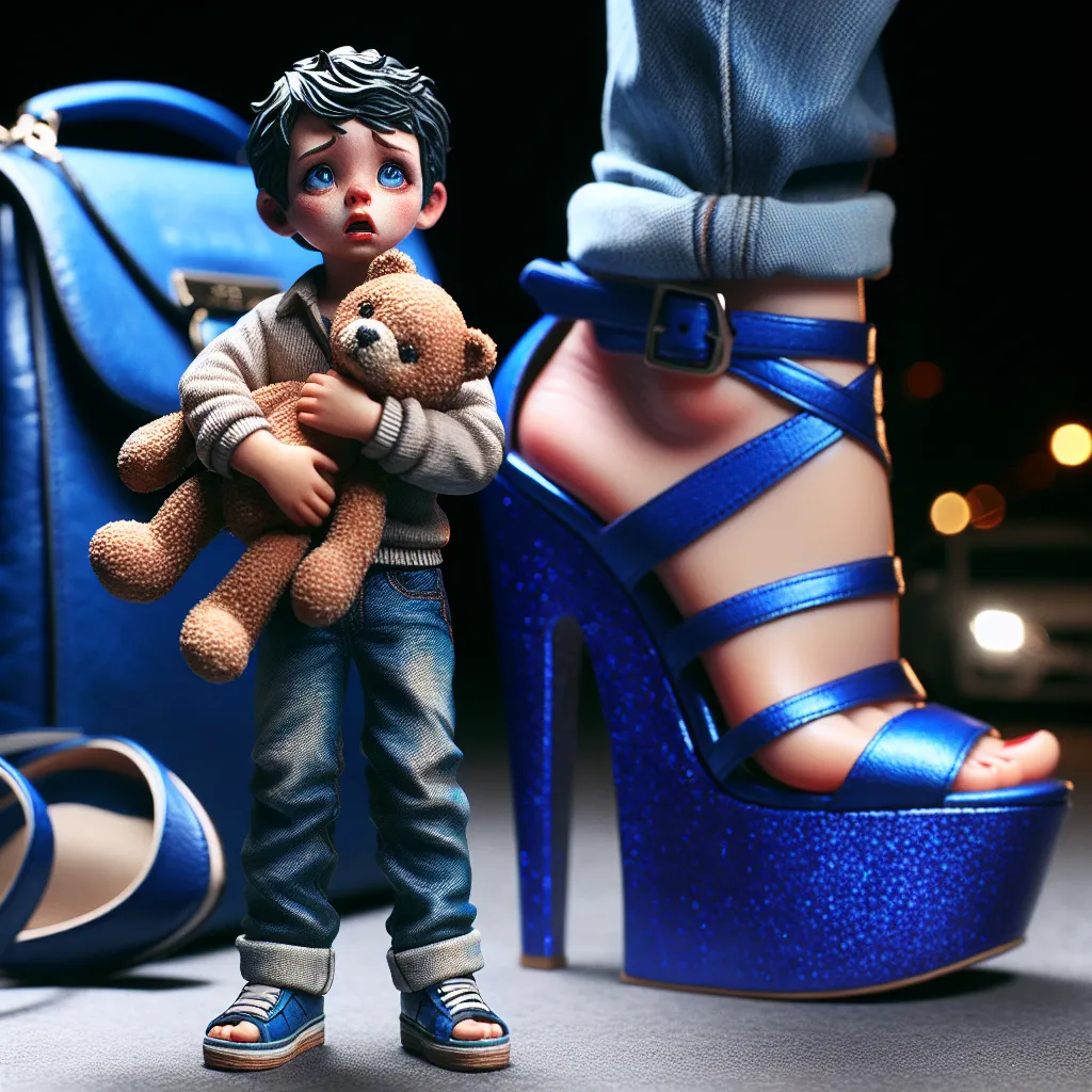 An image depicting a young boy named Alex walking alone on a dimly lit street at night. He is clutching a stuffed animal and wearing a shirt, jeans, and shoes. His expression shows a mix of nerves and confusion as he realizes he is lost. In the background, there is a glimpse of a pair of vibrant cobalt blue platform sandals and a matching purse, highlighting their distinctive color and metallic shine.