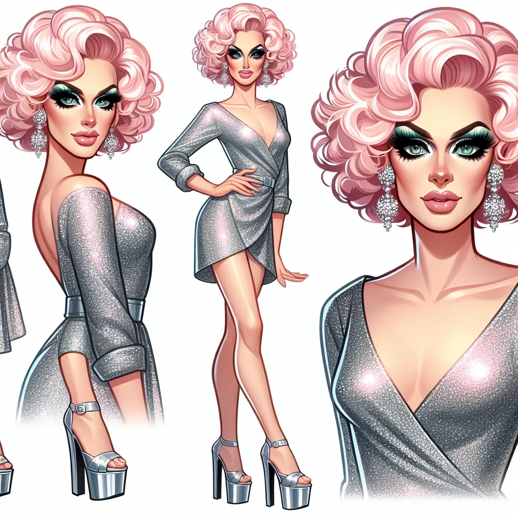 An image depicting a confident, elegant drag queen named Sam, wearing a stunning glittery silver mini-dress and platform sandals. They have pink curls styled hair, piercing green eyes, and a flawless makeup look. Sam is captured striking a pose, exuding charm and self-assuredness.