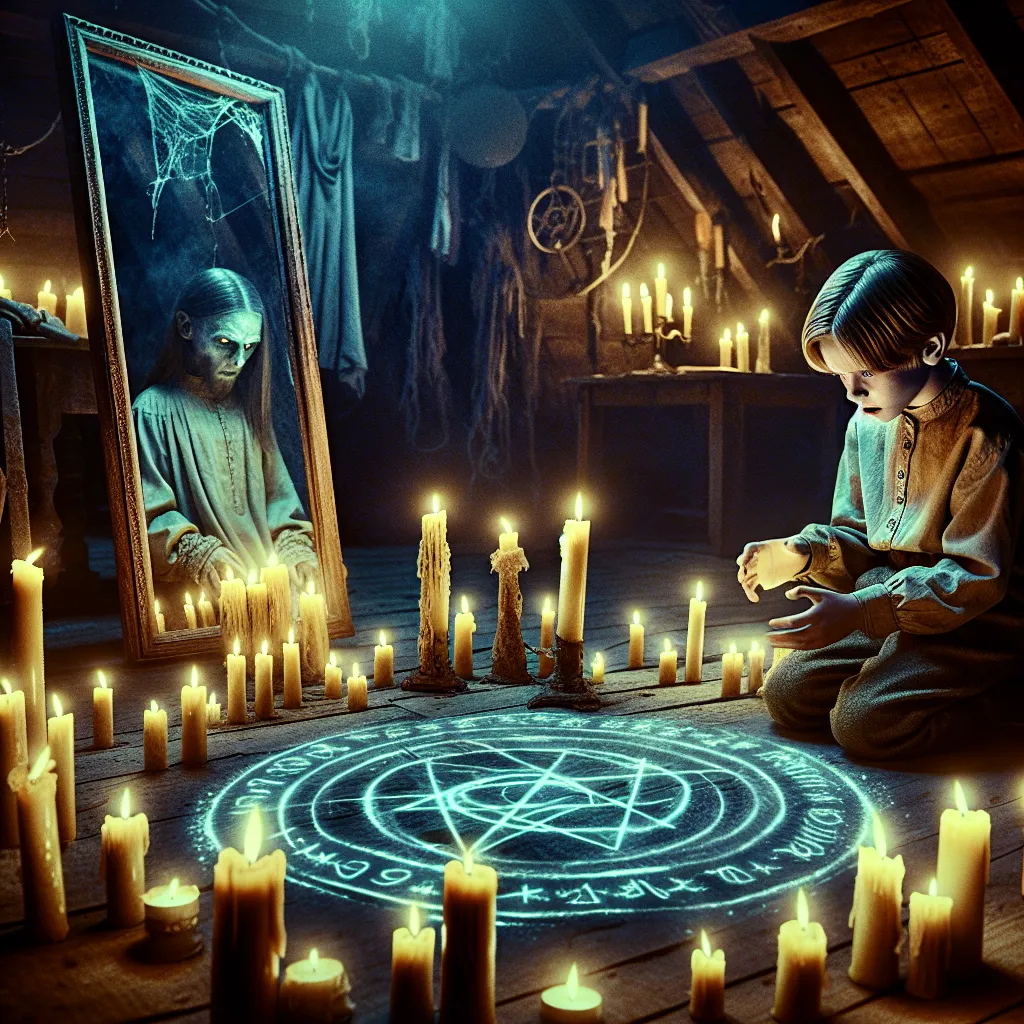 A dimly lit attic with flickering candles arranged in a circle on the floor, ancient glowing blue symbols surrounding a small pale girl with eerie, ancient eyes whispering an incantation; nearby, a terrified boy with a fragile, childlike body stares into a cracked mirror reflecting a cruel, cold-eyed older boy—capturing the supernatural soul-swap and haunting atmosphere of the story.