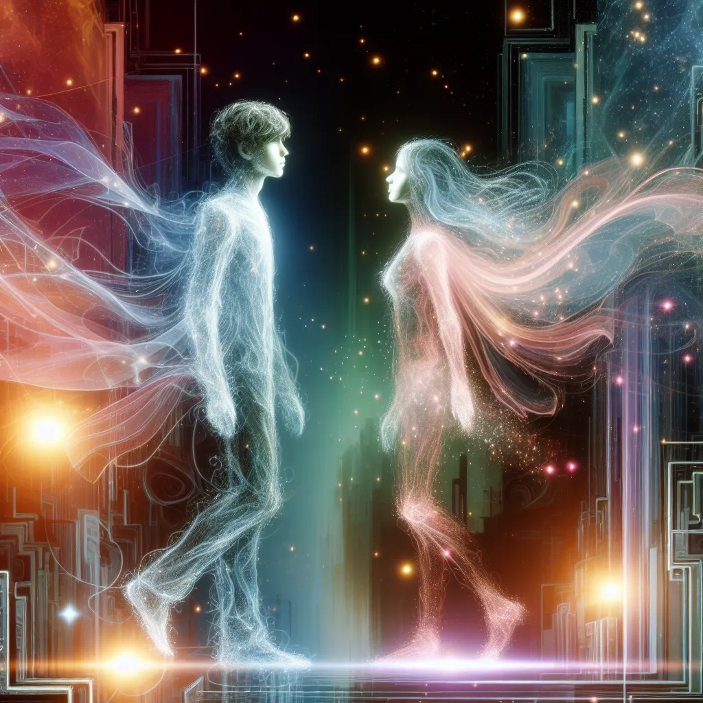 Image Description: The image depicts Kamijou Touma and Misaka Mikoto standing face to face in a fantastical cityscape. Their bodies are translucent, intertwining with each other as lines of energy flow between them. The background is filled with swirling colors and sparkles, representing the unpredictable nature of their extraordinary journey.