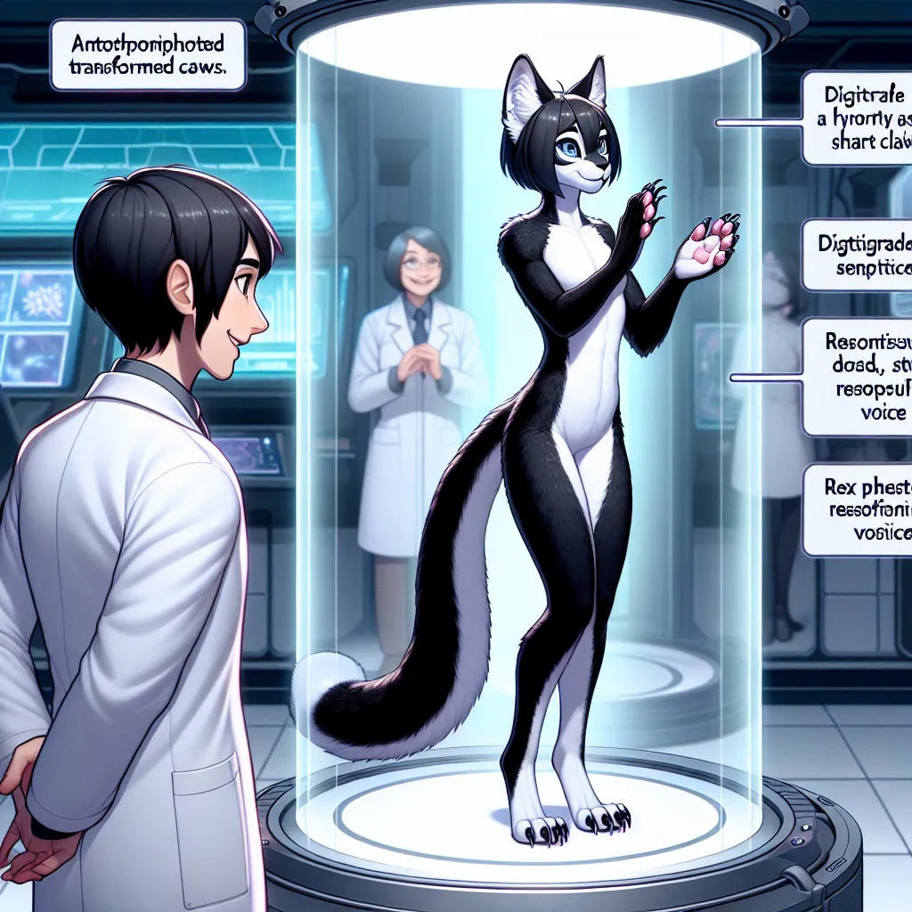 An image of a young person, now transformed into a sleek, graceful Tuxedo cat-human hybrid, stands in a futuristic, technologically advanced chamber. Dr. Selena Maravel, the head scientist, watches with excitement and professionalism. The transformed individual, now named Alexia, marvels at their sharp, retractable claws, digitigrade paws, agile body, luxurious black and white fur, sensitive ears, almond-shaped cat-like eyes, responsive tail, and soft, feminine voice. The transformation is compl