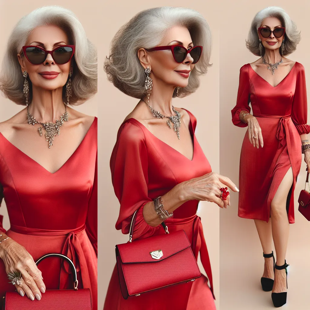 Margaret, a confident and fashionable 68-year-old woman, is seen wearing a stunning red dress, accessorized with jewelry and platform sandals. She carries a sleek red purse and wears oversized sunglasses. Margaret's transformation from a 6-year-old boy named Andrew is apparent in her mature demeanor and appearance. She navigates her new life with grace, interacting with others and enjoying her newfound confidence and elegance.