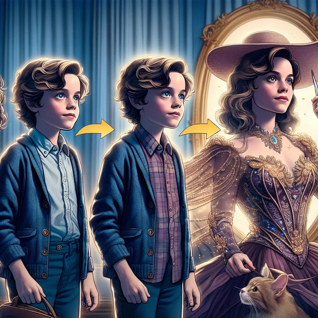A detailed and elaborate transformation story describes how eight-year-old Ethan magically changes into his friend's stylish and glamorous mother, Angela, through a series of vivid physical alterations.