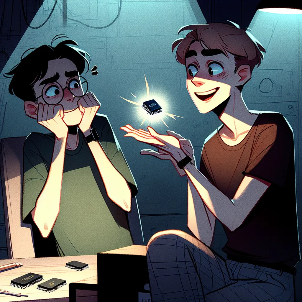 Description for the image:
An illustration featuring two friends, Brad and Jake, in a dimly lit lab. Brad is holding a small microchip and showing it to Jake, who appears excited. The image captures their playful and mischievous personalities as they discuss the possibilities of the takeover chip.