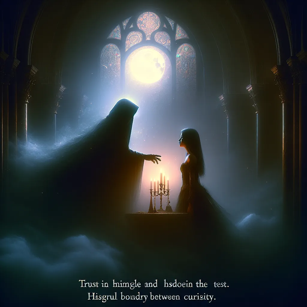 A mysterious scene unfolds in a moonlit chapel as a figure cloaked in darkness meets a brave soul seeking answers. Emotions intertwine as trust is tested and secrets are shared, blurring the lines between fear and curiosity. The image captures a delicate moment of exchange between the two, illuminated by a flickering candle and the ethereal glow of moonlight filtering through stained glass windows.