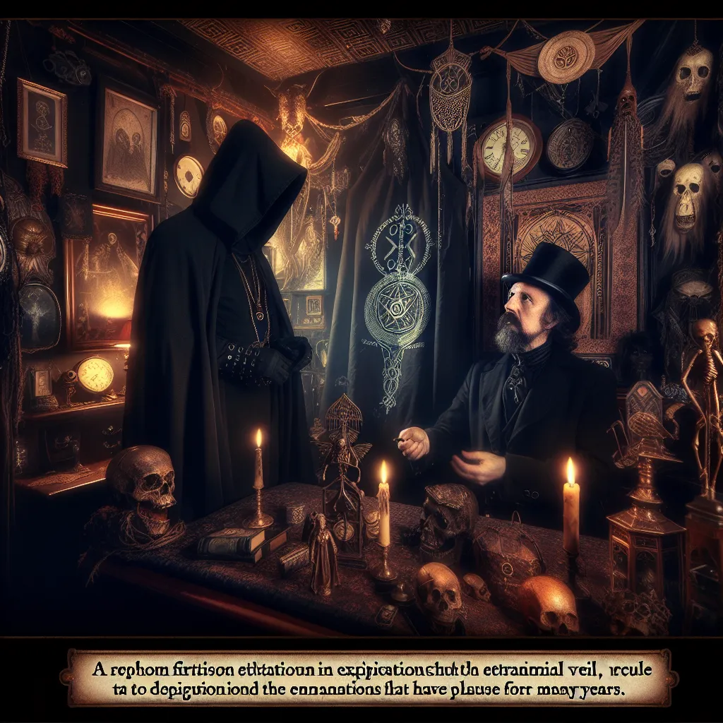 An enigmatic figure clad in black explores a goth club filled with eerie decorations and mystical artifacts. A connection sparks between the figure, Gabriel, and Raven, the club's owner, as they discuss the search for lost souls and forgotten histories. They decide to embark on a journey through the veil, delving into the supernatural to unravel the mysteries that have haunted Raven for years.