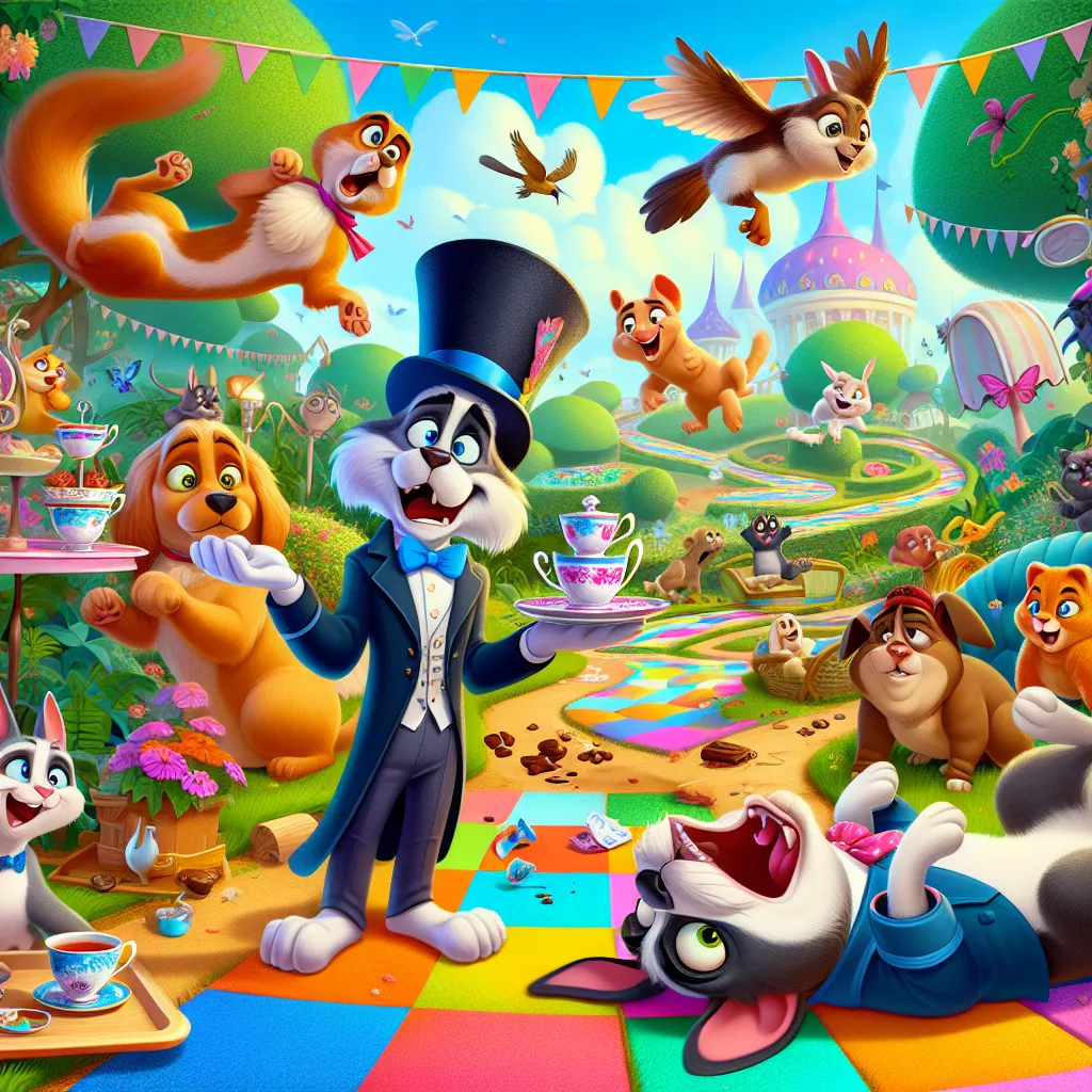 An animated portrayal of the chaos and hilarity that ensues in an episode of “Littlest Pet Shop: A World of Our Own,” with Trip’s prank causing pets to be hypnotized into humorous predicaments, culminating in a revenge plot turned butler antics!