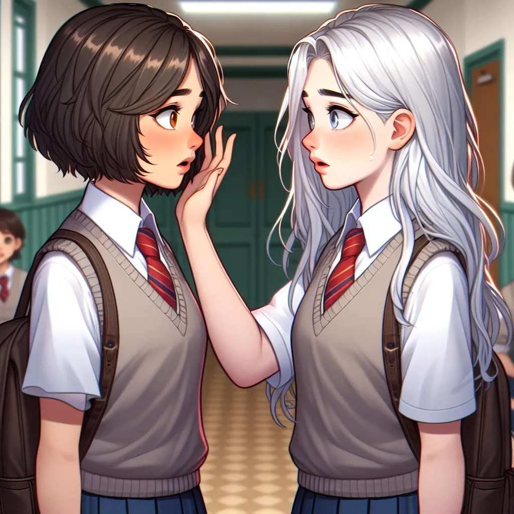 Description: The image depicts two young girls facing each other, one with short hair and the other with long, silver hair. They are standing in a school hallway and wear identical school uniforms, but their expressions are filled with confusion and concern. The girl with short hair has a look of panic as she touches her face, while the girl with silver hair tries to mimic a delicate smile, a hint of fear in her eyes. The image reflects the mystery and chaos of their swapped identities, capturin