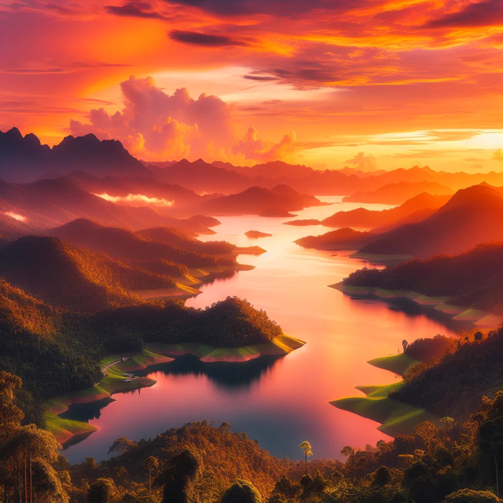 A captivating landscape featuring a serene lake surrounded by lush green mountains, with a vibrant sunset casting warm hues across the sky.