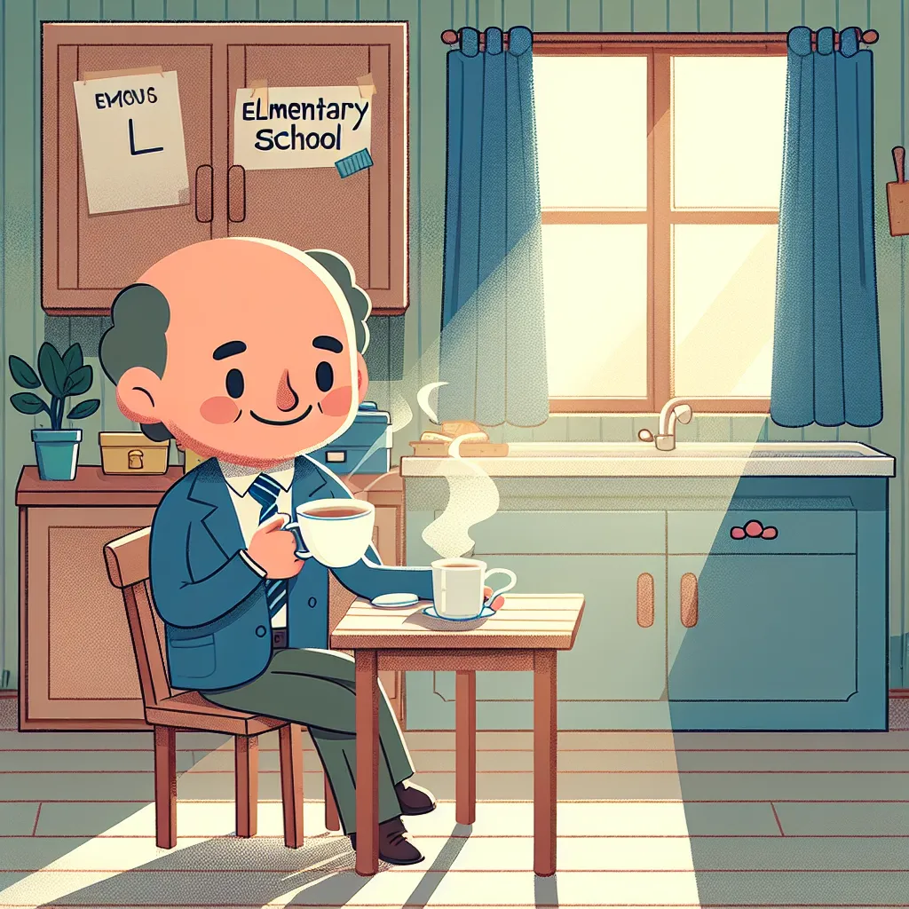 An image of Armin Tamzarian, the principal of Springfield Elementary School, sitting at a kitchen table, sipping tea in a modest home. Sunlight filters through the curtains, casting a gentle glow on the room, creating a peaceful atmosphere.