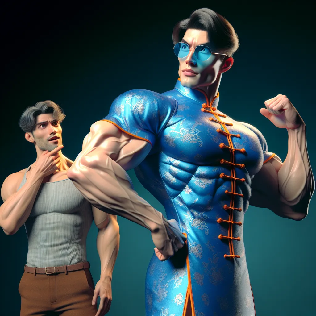 An image depicting Connor in an ultra-realistic Chun-Li costume, flexing his muscular yet feminine physique with awe and excitement, while his friend Jake looks on in amazement and disbelief.