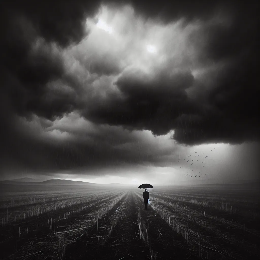 "DARK GRAY CLOUDS LOOM over a desolate landscape as a lone figure with an umbrella walks through a barren field, symbolizing resilience and solitude."