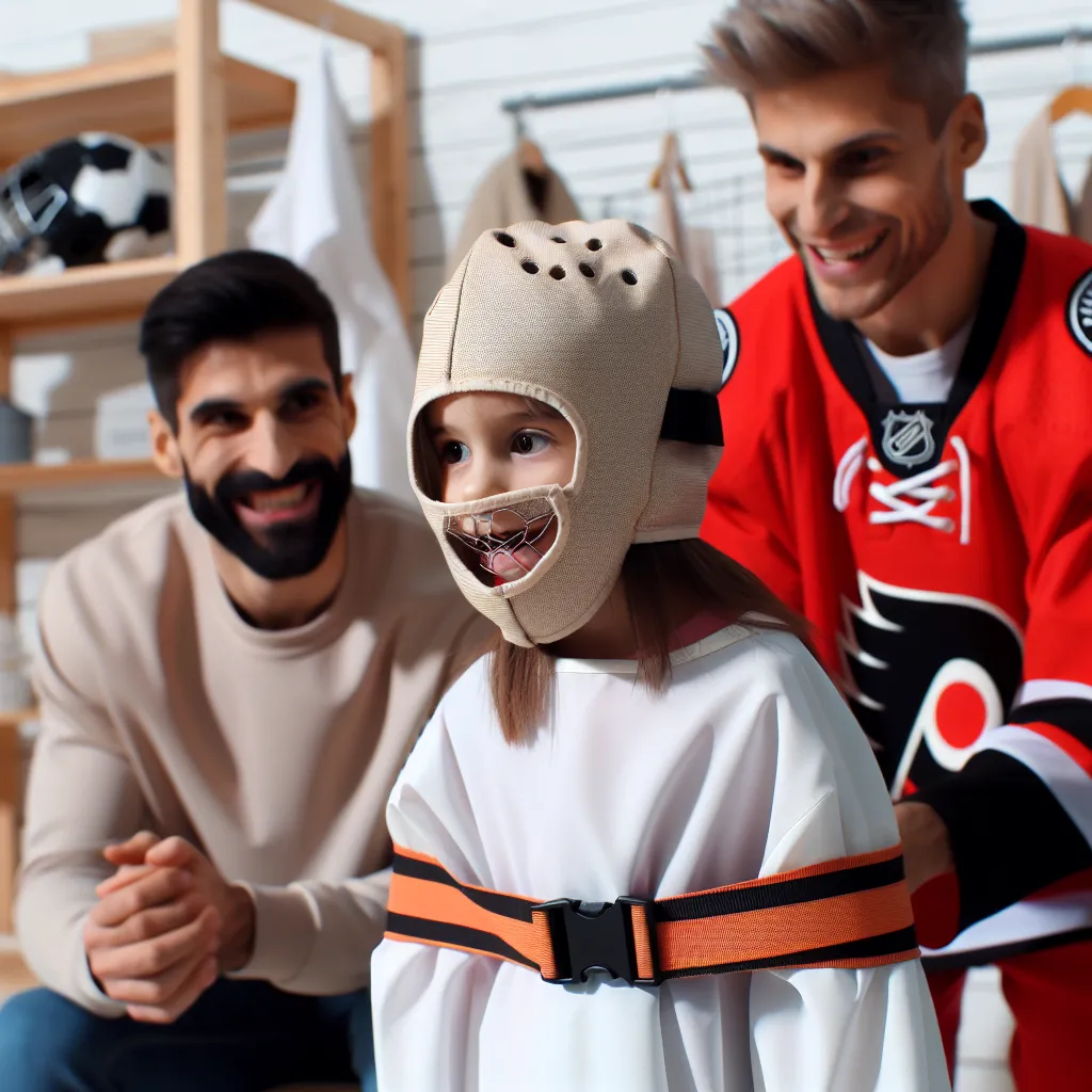 A girl in a straitjacket and Hannibal Lector mask stands in a makeshift psych ward while her former idols, a hockey player and her teammate, look on with amusement.