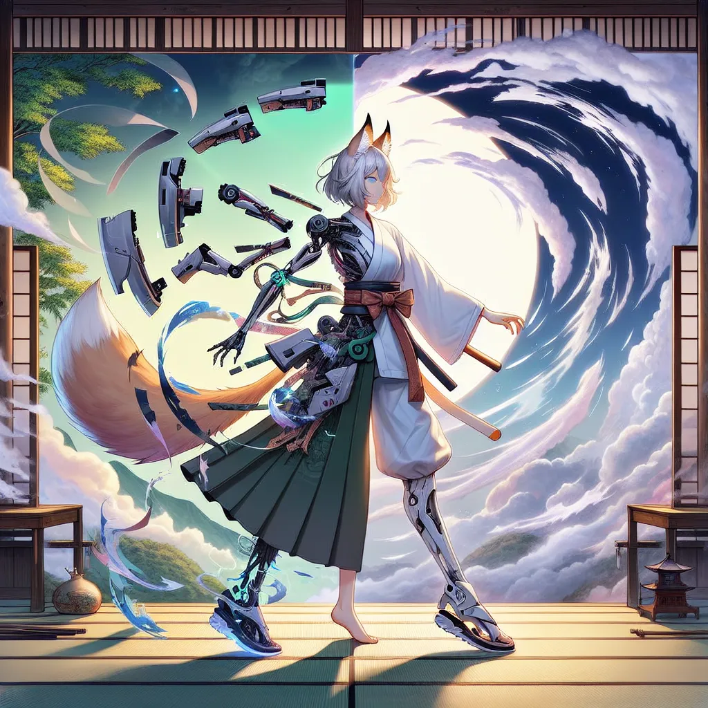 A dynamic image showing Ranma Saotome’s shocked and conflicted face merged with the youthful, determined visage of Miyafuji Yoshika in her Strike Witch uniform. Ranma’s body is now slender and feminine, outfitted with magical Striker Units attached to her legs, fox ears and tail subtly visible. The background depicts a swirling void between two worlds—a dojo setting fading into a cloudy, war-torn Britannian sky. The scene captures the surreal, painful body-swap moment as clothing from both ident