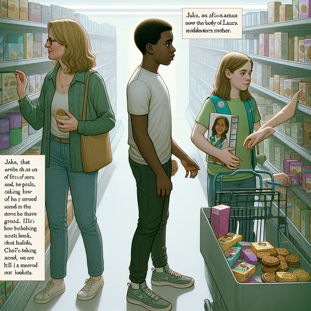 Jake, a young boy who has swapped bodies with his mother, Laura, stands alone in a store aisle. He looks curious and unsure, exploring the various items around him. Nearby, a mom and her daughter sell Girl Scout cookies. Chloe, the daughter, approaches Jake and asks if he would like to buy some cookies. Jake, now in Laura's body, feels a mix of excitement and confusion as he navigates his new physical form.