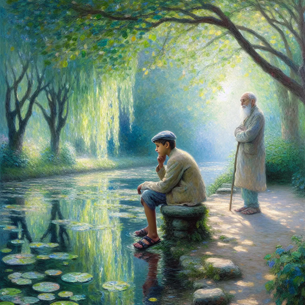 Boy, Sandals, Transformation, Aging, Memory in the style of Monet