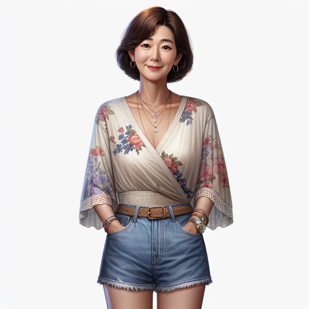 A digital portrait of a middle-aged Korean woman named Soo-Min Lee. She is wearing a floral blouse and denim shorts, with tan platform sandals and multiple pieces of jewelry. Her hair is styled in a neat bob cut. She has a warm smile and wise eyes, reflecting her experience and knowledge.