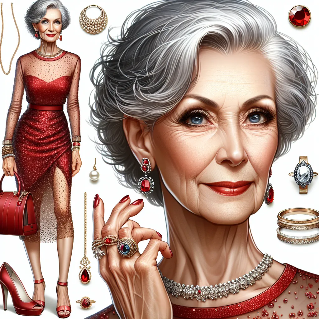 image description: A digital artwork depicting an 86-year-old woman named Margaret. She has short gray hair, deep blue eyes, and is wearing a red, sheer, and detailed dress with sequins. Margaret is accessorized with a diamond necklace, gold bangles, an anklet, pearl earrings, a ruby ring, a vintage brooch, and a wedding ring. She is holding a red leather purse with a gold chain strap. Margaret is wearing bright red platform sandals with silver buckles. The image showcases her confident and fash