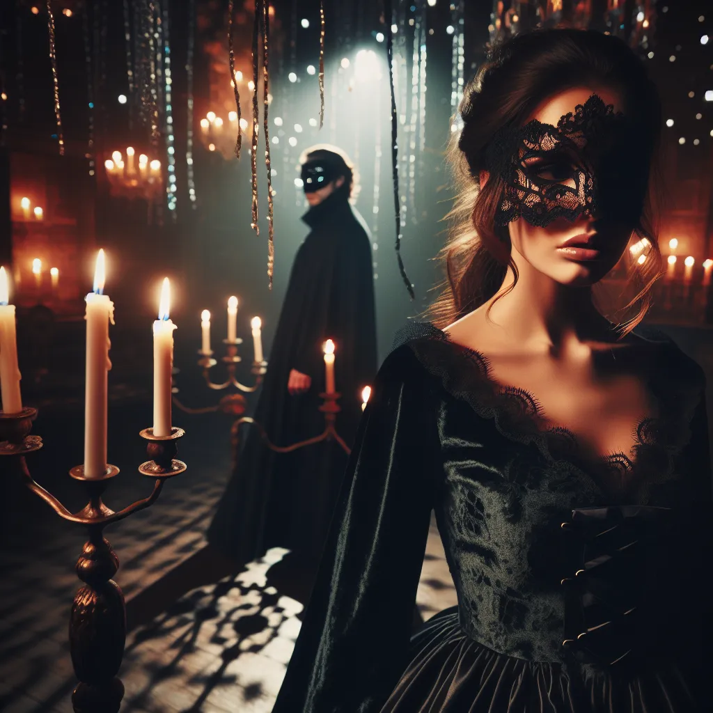 Description: An image of a woman wearing a black lace mask and a floor-length velvet dress, standing in a dimly lit, gothic club. Flickering candles cast dancing shadows across the room, creating an enchanting and eerie atmosphere. In the background, a mysterious man in a long black coat stands apart from the crowd, his figure conjured by the darkness. The image captures the haunting journey of Catherine "Cat" Blackthorn as she seeks to find her missing sister, Isabel.