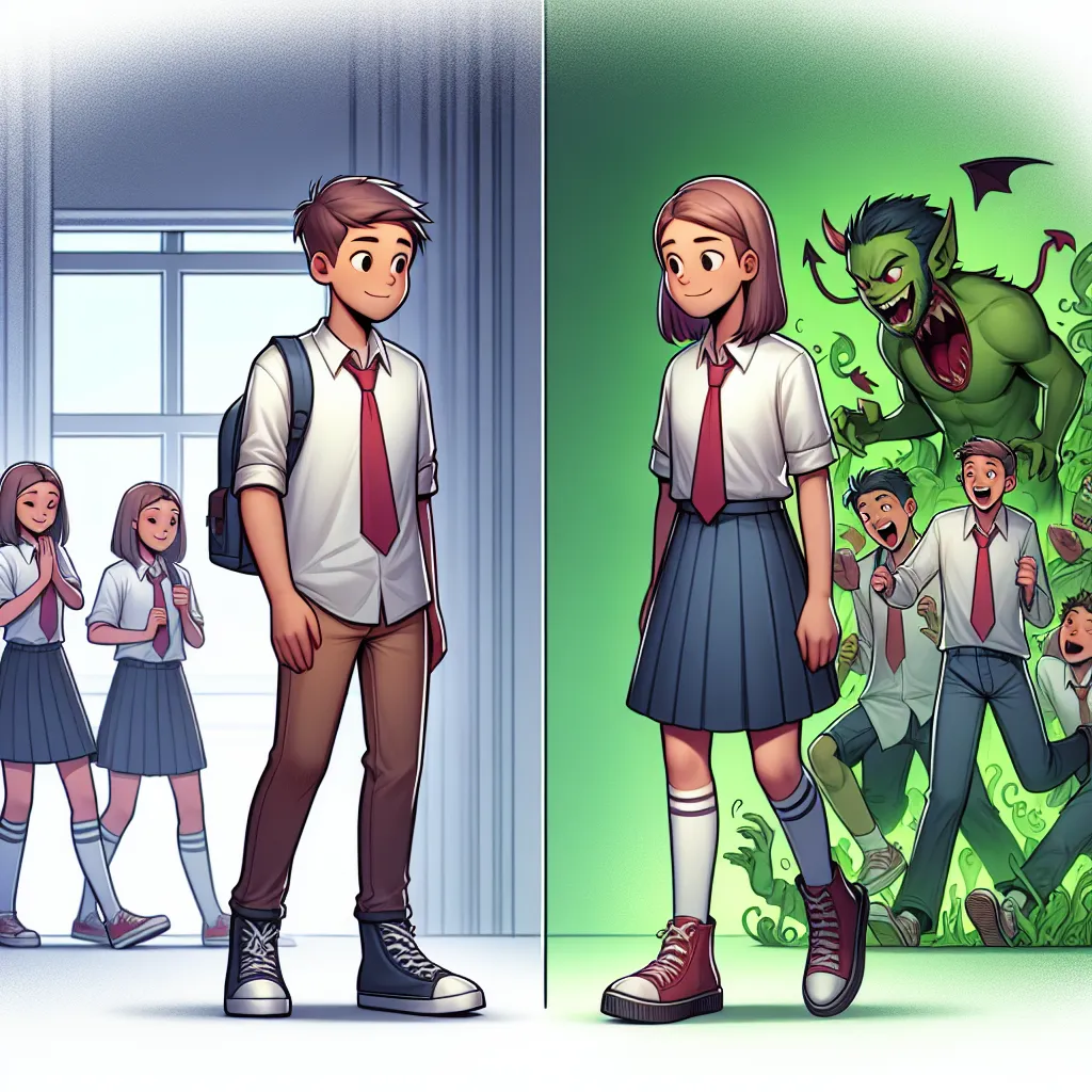 Description: An image showing a teenage boy and a teenage girl standing side by side, wearing school uniforms. They are surrounded by chaos, with Sergeant Keroro and his platoon causing mischief in the background. This image represents the story of Fuyuki Hinata swapping bodies with his older sister Natsumi and the challenges he faces navigating her life for a day.