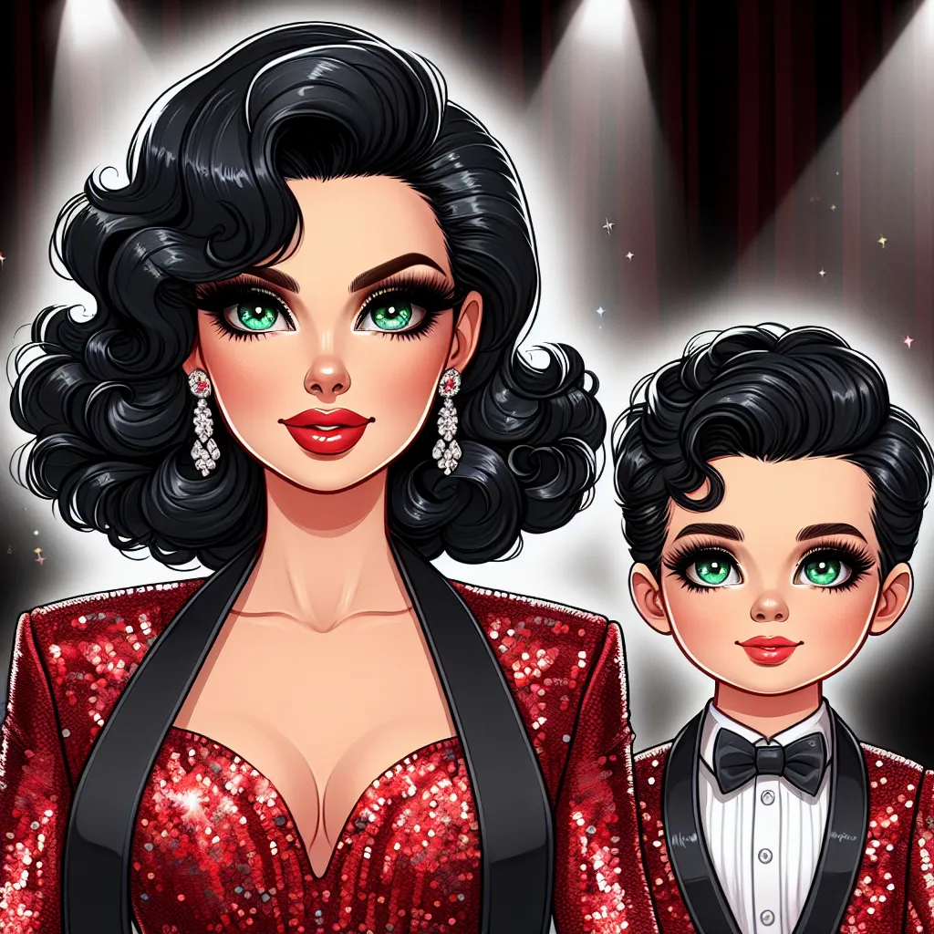 The image accompanying this story could depict a glamorous drag queen standing beside a little boy, both dressed in fabulous outfits. The drag queen, named Veronica, would have jet-black hair styled in voluminous curls, striking green eyes, and be wearing a glittering red sequin mini dress. The little boy, named Johnny, would resemble Veronica, with transformed female features and attire. The image would capture the confidence and pride of the two characters as they strut into a club together, r
