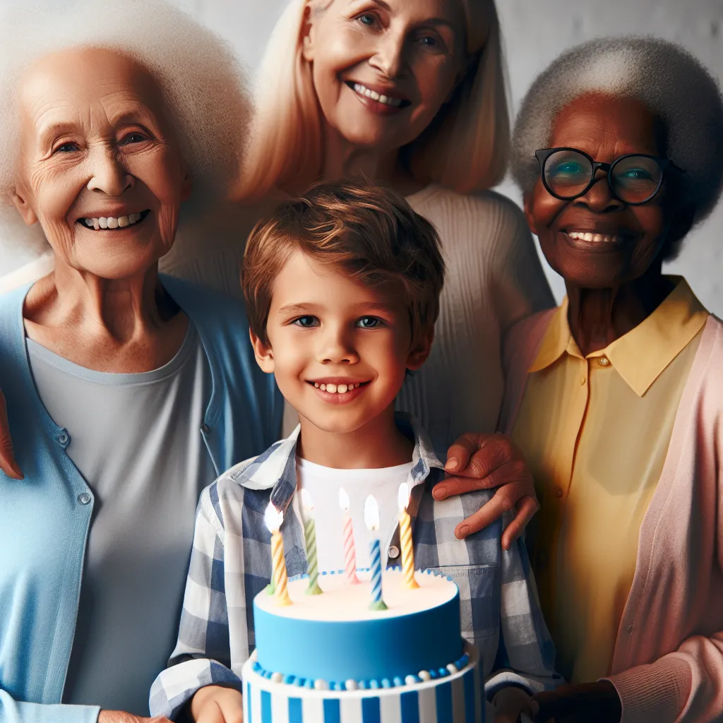 The image depicts Michael, a boy celebrating his seventh birthday, alongside his friend Lily and their grandmothers, Hilda and Ruth. The four generations stand together, capturing the essence of their bond and the passing of time.