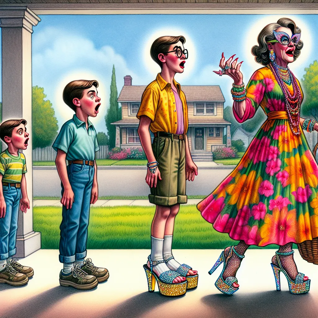 The image depicts the transformation of young Henry Michael Coleman into his neighbor, the middle-aged woman Mrs. Joan Tibbets. The illustration shows Henry standing on the porch in oversized stiletto sandals, his appearance gradually shifting from that of a six-year-old boy to a mature woman in a floral-print dress and chunky jewelry. The scene captures the bewildered expression on Henry's face as he undergoes the magical metamorphosis, surrounded by the sparkling rhinestones of the sandals and