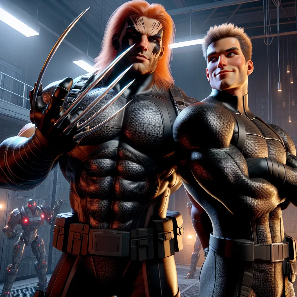 The image accompanying this story depicts two superheroes, Fox Kid and Black Cat, standing side by side in a dimly lit warehouse. Fox Kid, a muscular figure with wild orange hair and claws extending from his fists, gazes intently at the viewer, while Black Cat, agile and sleek in her black suit, leans against a wall with an enigmatic smile. In the background, robotic minions surround them, their laser beams and gunfire illuminating the scene with flashes of light. The image captures the intensit