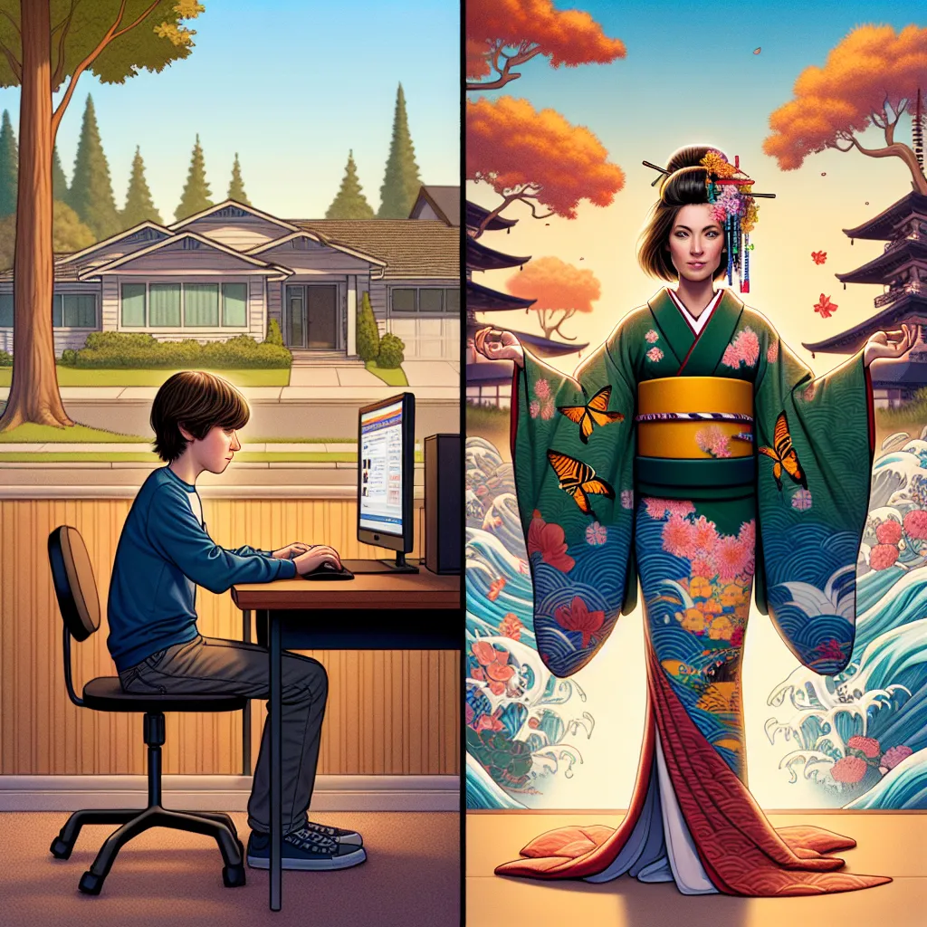 A young boy, Oliver, takes an online quiz, transforming into a Japanese woman with each new answer. From his feet to his hair and voice, he becomes a new person with memories of Kyoto and a traditional outfit. Embracing her new identity, she steps into a world of endless possibilities, leaving behind her past as Oliver in Maplewood.
