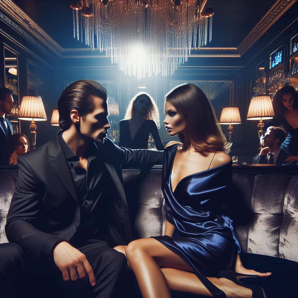 A mysterious figure and a woman in a midnight blue silk dress share a fierce and intimate moment in a luxurious nightclub booth, surrounded by shadows and the whispers of the night.