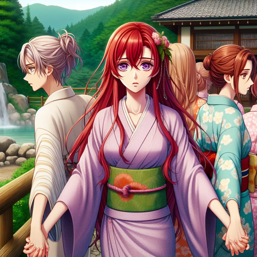 An image of a young woman, Naruko, surrounded by her friends Sakura and Ino, all wearing summer kimonos with their arms linked together. They are standing outside the entrance to the Konoha Hot Springs, with the lush greenery of the village in the background. Naruko, with long silky red hair and violet eyes, has a look of confusion and distress on her face as she begins to realize her transformation into a woman.