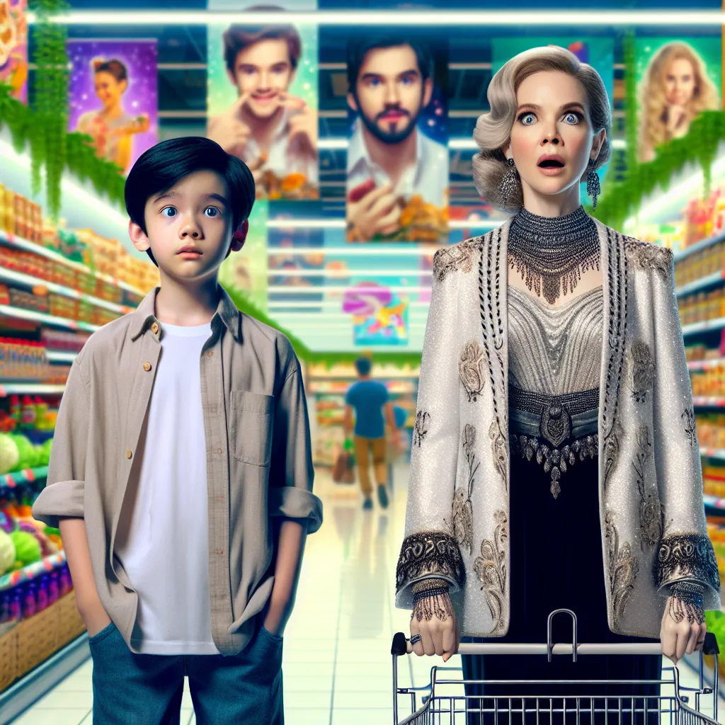An image of a young boy named Caleb Jackson, transformed into an invisible state while shopping with his mother and then unexpectedly swapping bodies with a glamorous woman named Sophie. The image shows the moment of confusion and fear in Caleb's eyes as he experiences this mysterious and magical exchange, captured in a busy grocery store setting.