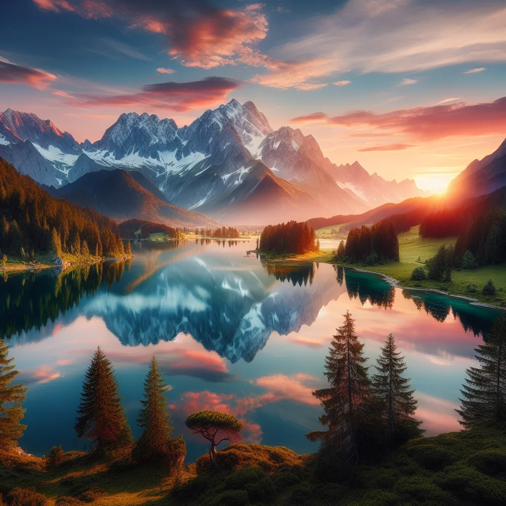 A serene mountain landscape with a breathtaking sunset reflecting in a calm lake, surrounded by lush greenery and snow-capped peaks in the distance.