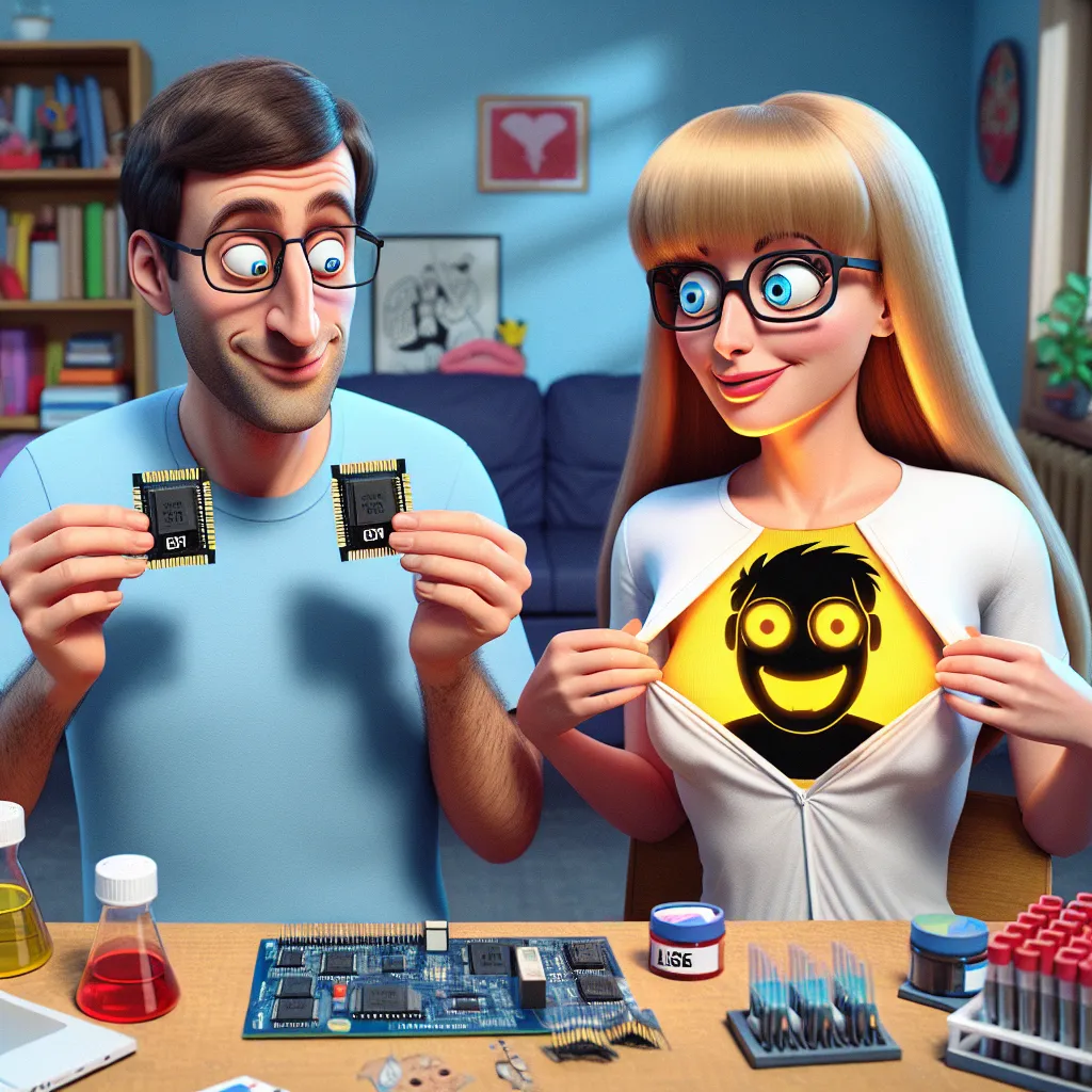 A humorous image depicting a couple in a living room turned makeshift lab, with the man holding two possession chips and the woman, Lisa, looking curiously at her animated breasts, where the spirits of two male friends are residing.