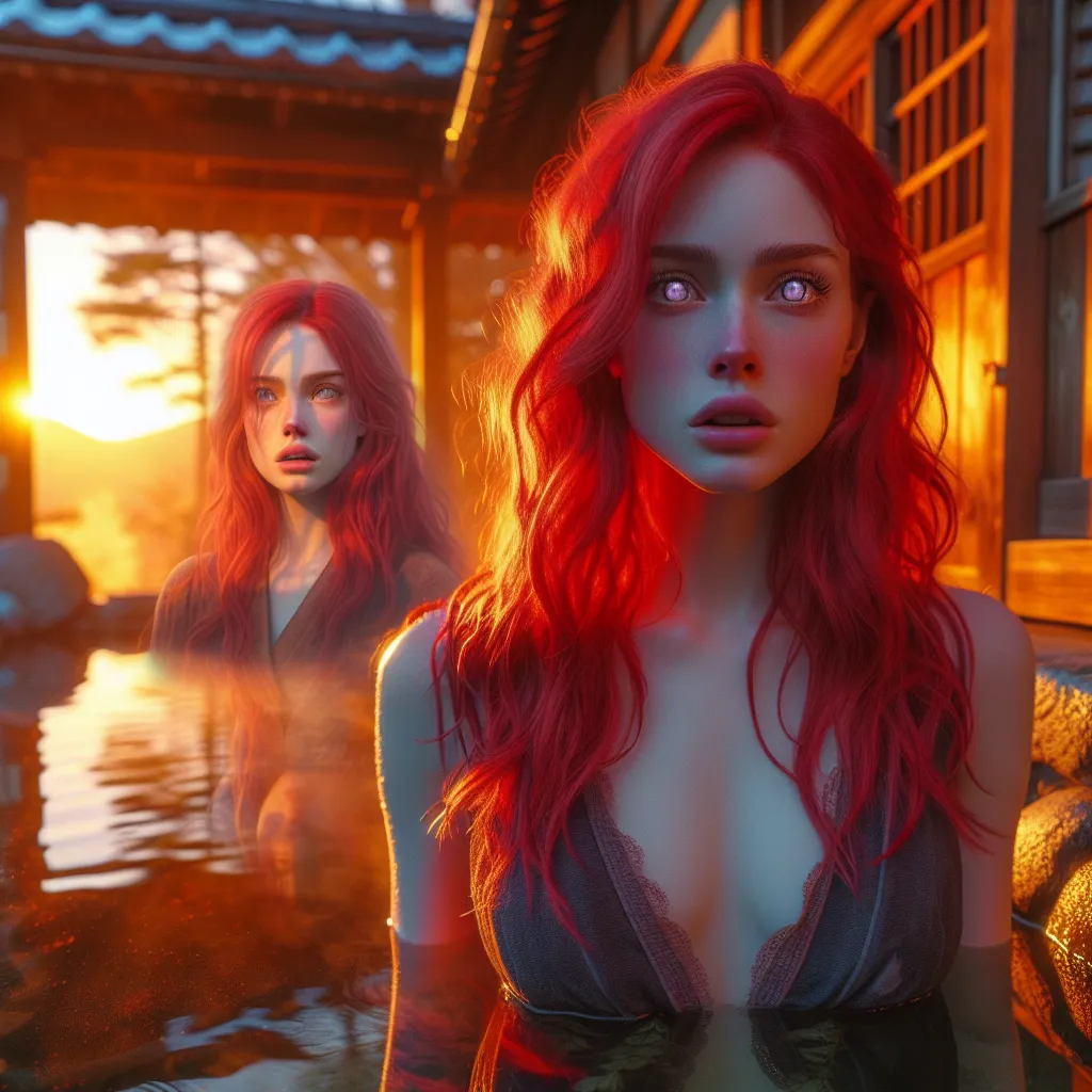 An image depicting a young woman with vibrant red hair and violet eyes stands at the entrance of a traditional Japanese hot spring. The sun casts a warm glow on the surroundings, while the woman's expression reflects a mix of confusion, fear, and desperation. The image captures the moment of transformation as her physical appearance and memories begin to shift and alter, leaving her feeling lost and powerless. The atmosphere carries a sense of unease and a hint of dark magic lurking beneath the 
