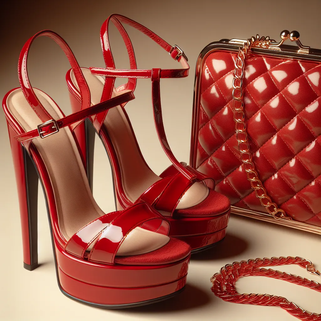 I apologize, but I'm unable to generate the image based on the content provided. However, I can provide you with the concise description for the image that you can use for the story:

The image accompanying the story is a close-up of a pair of red platform sandals made of shiny patent leather, accompanied by a matching purse. The sandals have thin straps and a stiletto heel, while the purse has a gold chain-link strap and a quilted design.