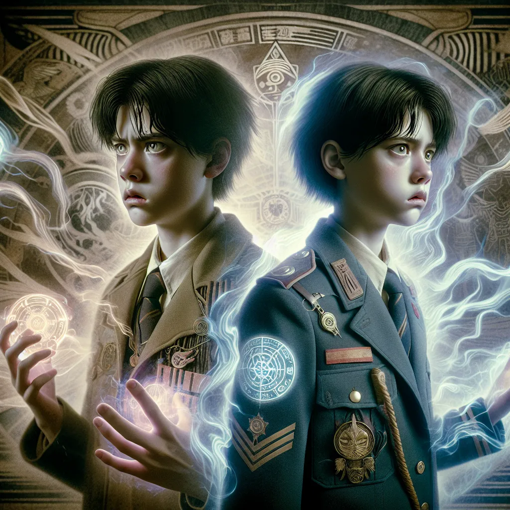 A teenage boy with distinctive dark hair and a surprised, conflicted expression is shown mid-transformation into a smaller, short-haired teenage girl wearing a military-style uniform adorned with magical glowing symbols. The background blends the traditional Japanese dojo with a WWII-era airbase and mystical energy swirling between two overlapping worlds, emphasizing horror, confusion, and the irreversible merging of identities.
