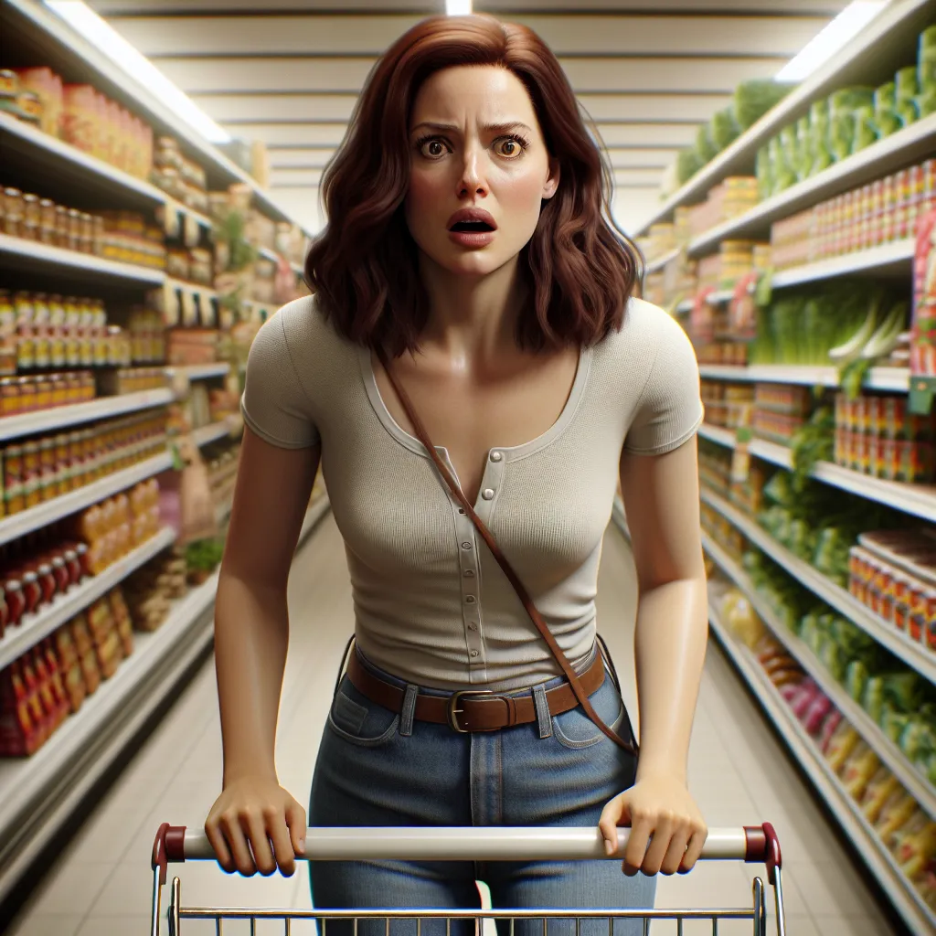 A 10-year-old boy named Oliver, transformed into a woman named Lucinda, stands in shock amid a grocery store aisle.