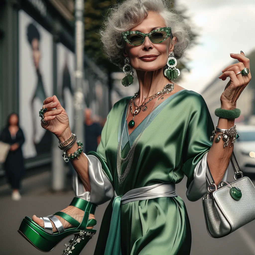 An image of a middle-aged woman named Diane, dressed elegantly in a green and silver satin dress, wearing platform sandals with green and silver straps. She carries a matching purse over her shoulder and wears jewelry including silver earrings, a necklace with a green pendant, a silver bracelet, and a delicate anklet. Diane's short, curly silver hair frames her face, and she wears sunglasses with floral designs on her forehead. She exudes confidence as she walks down the street, ready for new ex