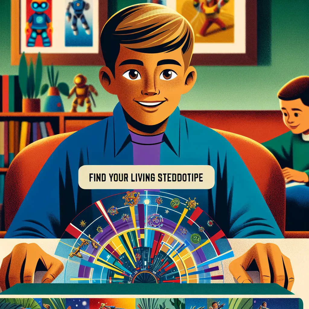 An image of a young boy named Benjamin sitting at a computer, taking an online quiz, with his best friend playing with Legos in the background. Benjamin has light brown hair, hazel eyes, and a playful expression. The computer screen shows a cartoon banner with the words "Find Your Living Stereotype!" flashing at the top. This image captures the moment before a transformative journey unfolds.