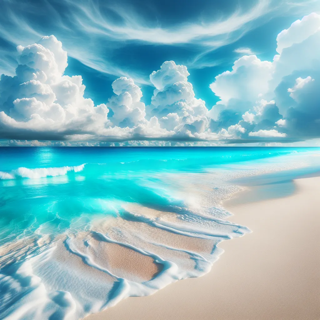 A serene and enchanting beach scene with powdery white sand, vibrant turquoise waves gently lapping against the shore, and a bright blue sky adorned with fluffy cotton candy clouds.