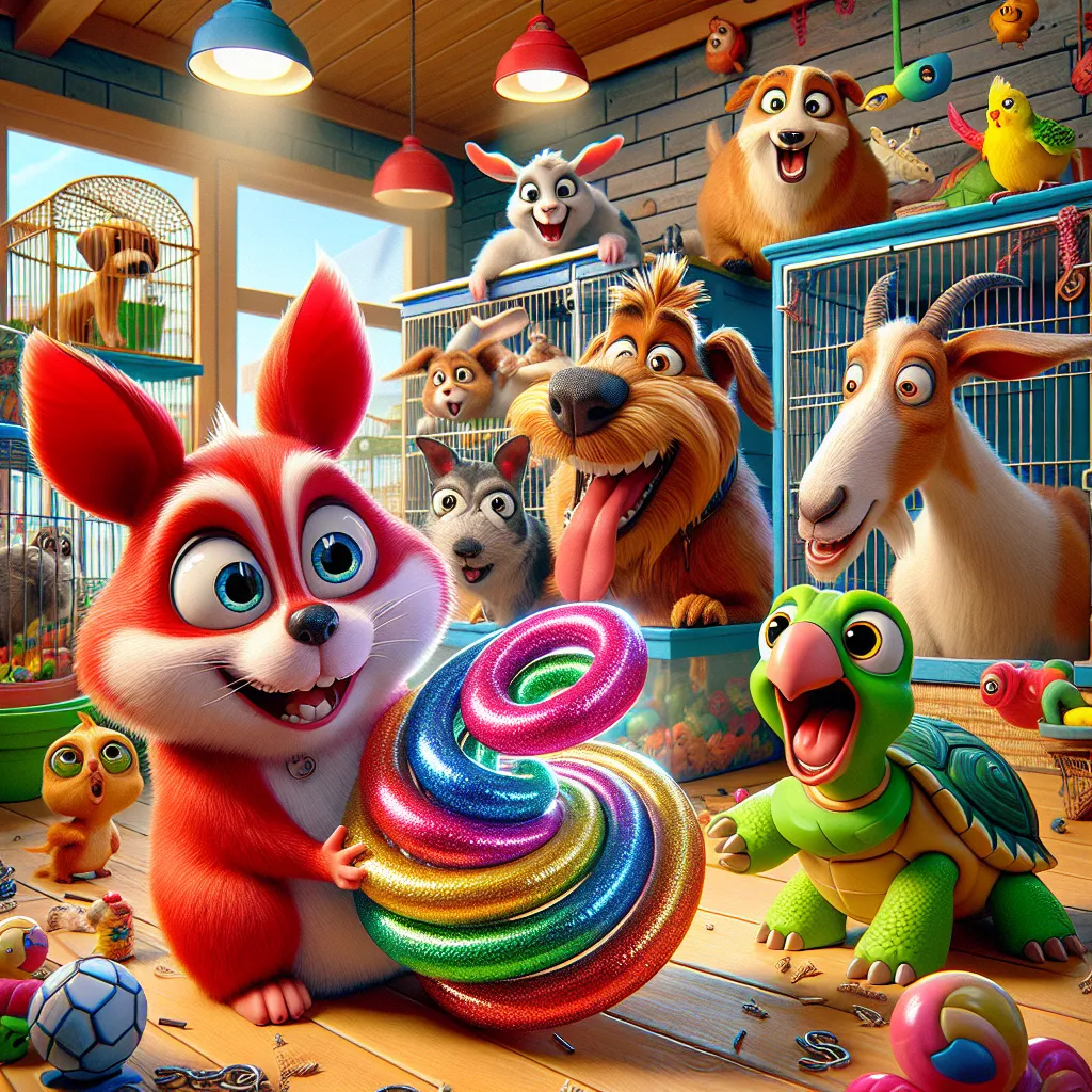 This image features a group of animated pets, including a red hamster named Trip, a terrier named Roxie, a goat named Quincy, a turtle named Bev, and a parakeet named Edie, engaging in playful antics within a colorful pet shop setting. Trip brandishes a sparkling spiral toy with mischievous glee, as his friends react in various states of surprise and amusement. The scene captures a lighthearted and humorous moment, setting the stage for a day filled with hypnotic pranks and hilarious consequence
