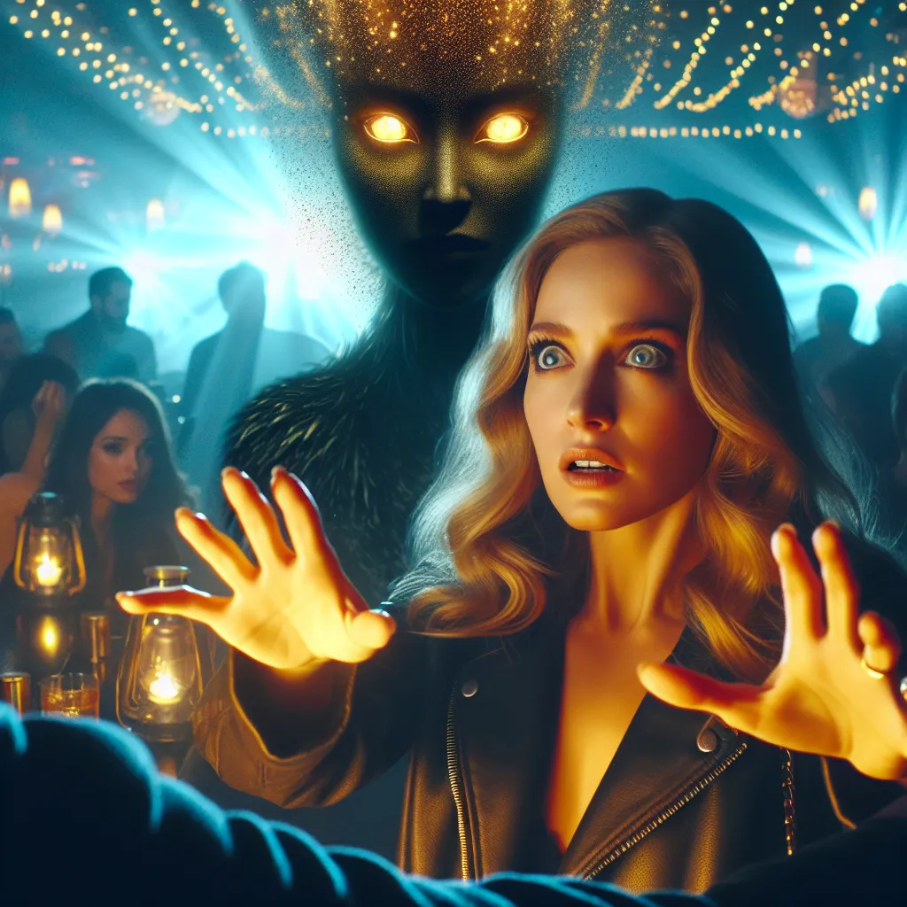 A thrilling scene in the heart of a bustling nightclub as a young woman named Lexi confronts a mysterious, otherworldly being with golden eyes. Suspense and defiance intertwine as Lexi discovers the truth behind the girl's presence and makes a daring decision to protect her guests and her territory.