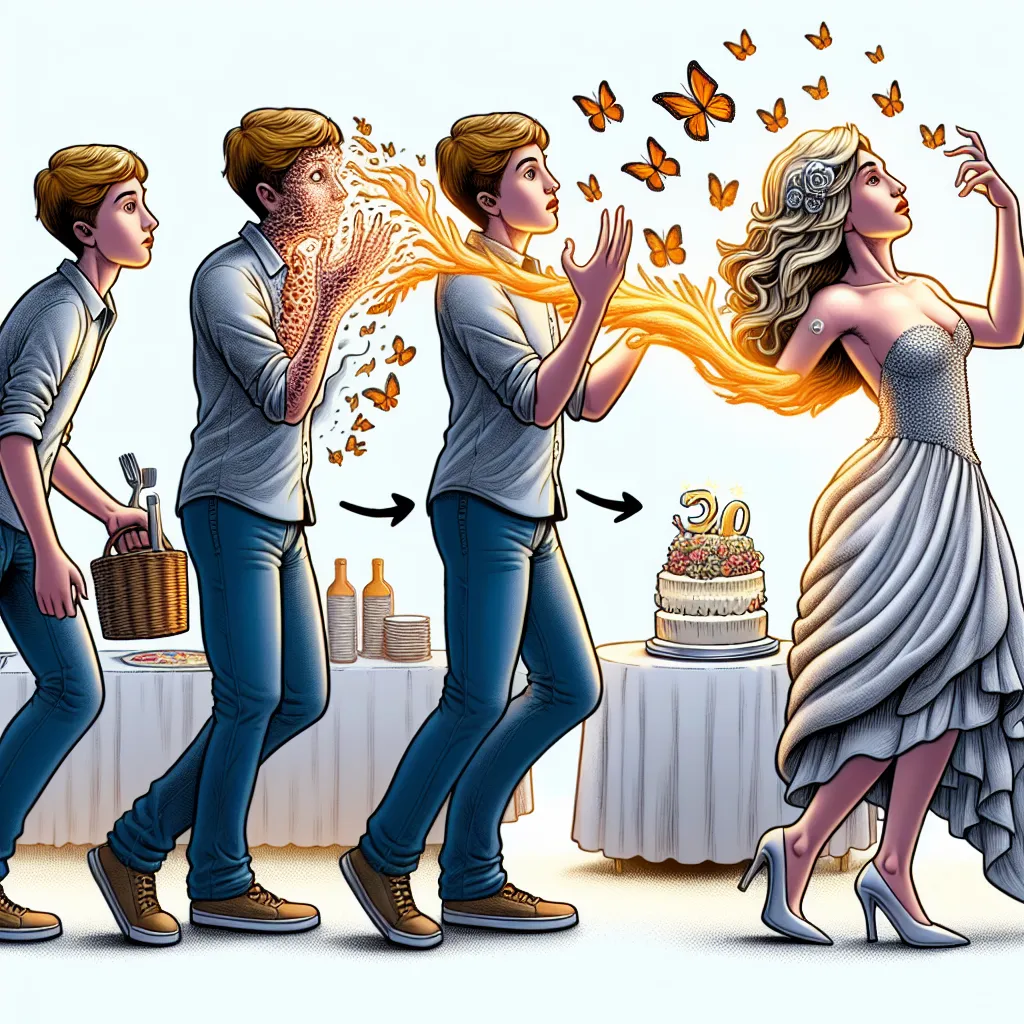 A boy named Matthew transforms into his friend's mom, Carrie Davis, in a detailed process that changes every aspect of his appearance, personality, and memories, culminating in a scene where Carrie, now fully embodied in Matthew's form, prepares to celebrate her thirtieth wedding anniversary.