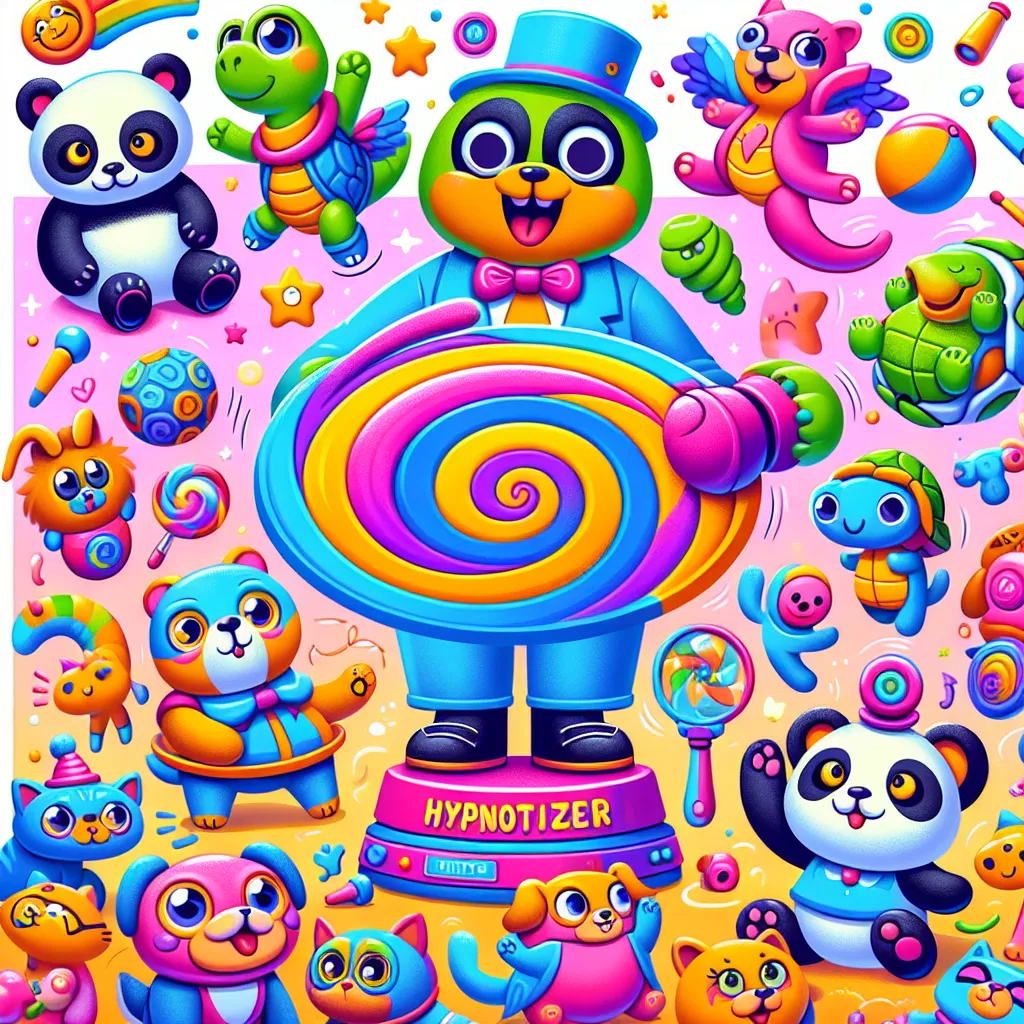 An illustration of the Littlest Pet Shop characters engaged in hypnotic hijinks: Trip waving a hypnotizer disk, pets like Jade and Roxie under different hypnosis-induced behaviors, and chaotic yet hilarious scenes unfolding as they navigate pranks and trouble caused by the hypnosis.