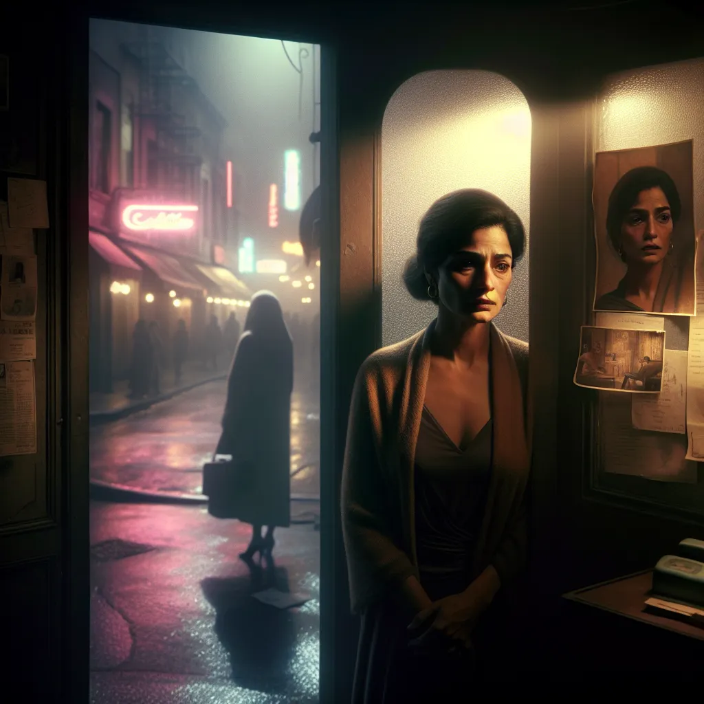 A somber woman, Delilah, runs a dimly lit club as she grapples with the mysterious disappearance of her sister, Ivy. With a faded photo pinned to her office wall, Delilah navigates through grief, routine, and unyielding hope. The image captures her waiting at the entrance of her club, eyes fixed on the empty street outside, yearning for Ivy's return amidst the echoes of bustling nightlife.