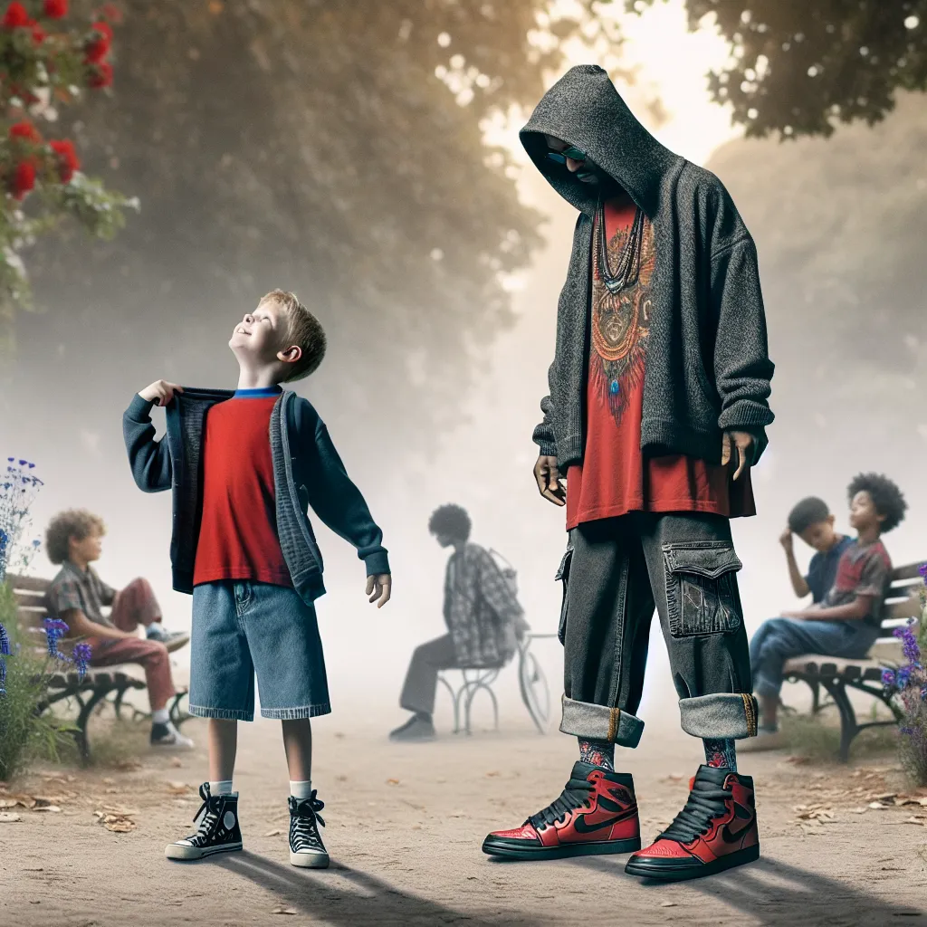 Description: Two boys, Harrison and Gio, stand in a park, mid-clothes swap challenge. Harrison, with a look of excitement and nervousness, is seen wearing Gio's signature black jeans and oversized grey hoodie. He adjusts Gio's red and black high-top sneakers, feeling the transformative power they carry. Gio, looking less enthused, struggles to fit into Harrison's denim shorts and loose red t-shirt. This image captures the pivotal moment as the boys embark on a daring adventure, ready to experien